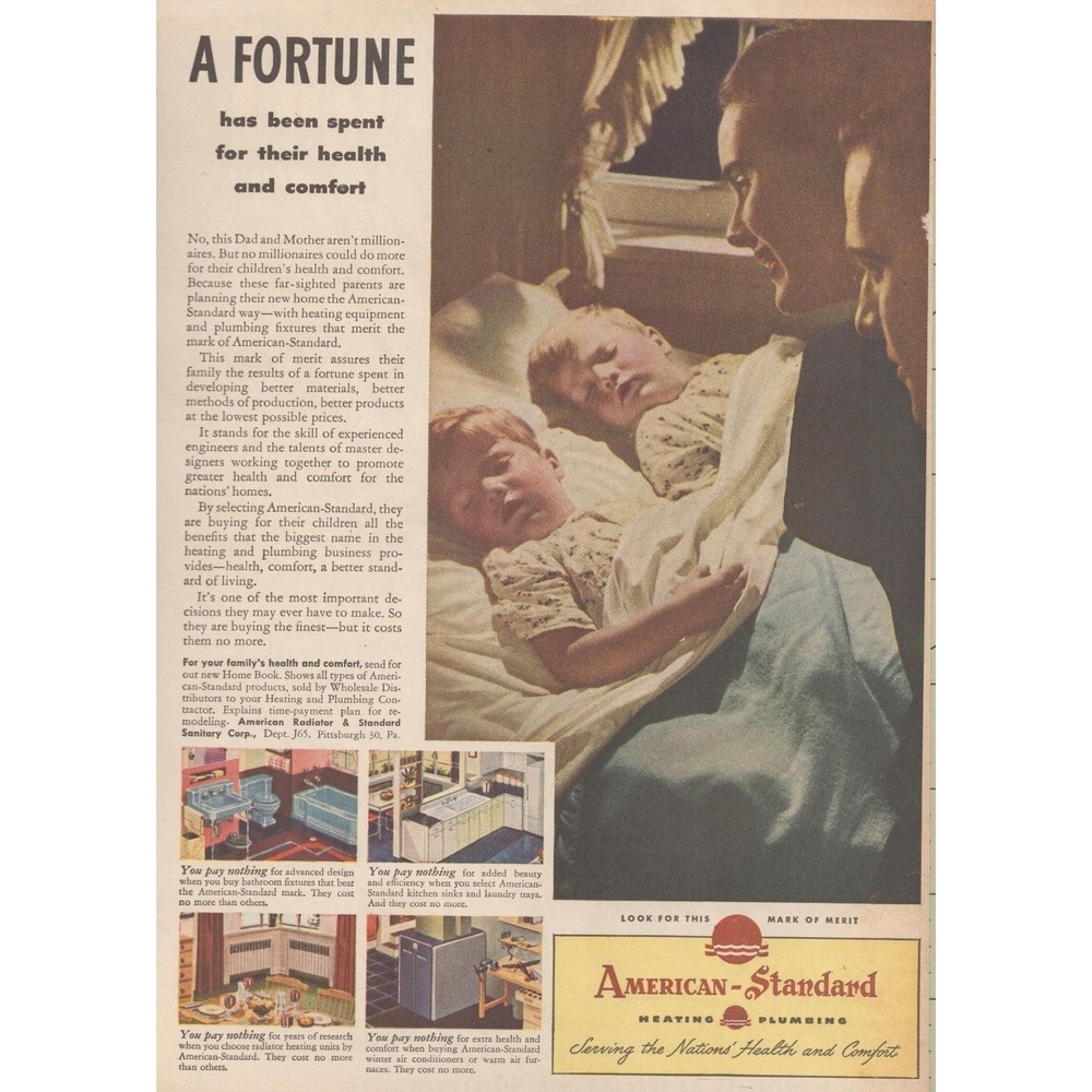 1946 American Standard Vintage Print Ad Heating Plumbing Mid Century Decor